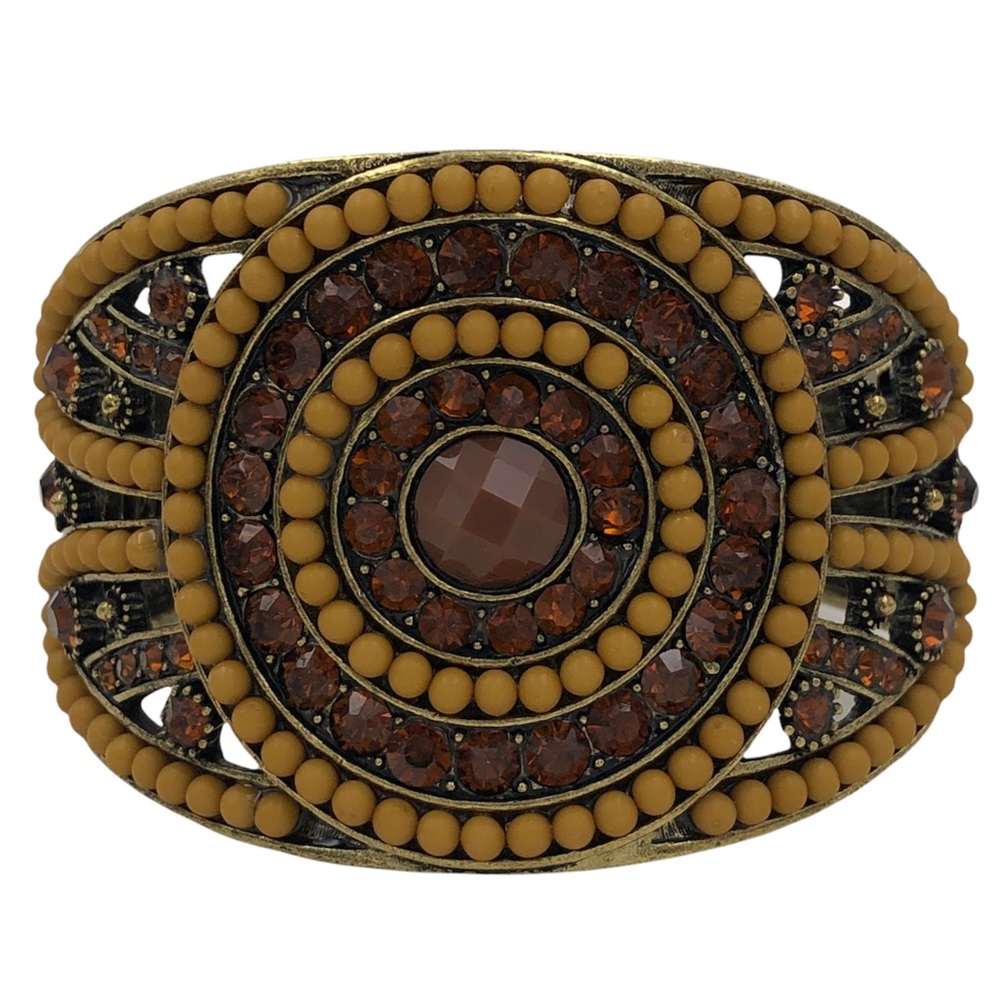 Chunky Brown Dot Circle Rhinestone Gold Hinged Bangle Bracelet